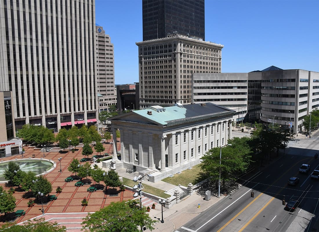 Contact - Looking Over Montgomery Courthouse and Courthouse Square in Downtown Dayton, OH