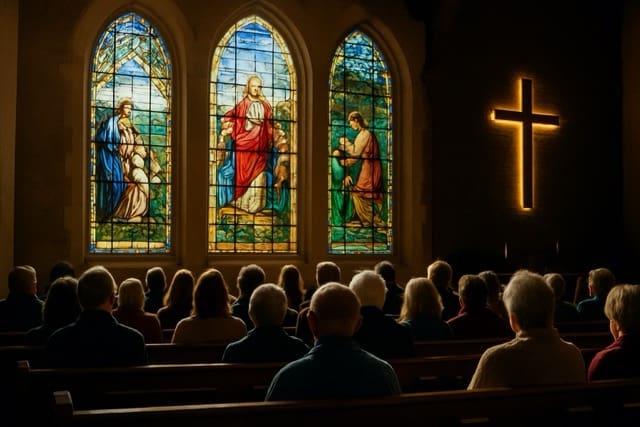 Sunlight shines through colorful stained glass windows inside an Ohio church, symbolizing faith and protection.